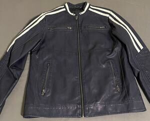 XRAY Jeans Mens Faux Leather Moto Jacket Large Navy Blue White Stripe Cafe Racer